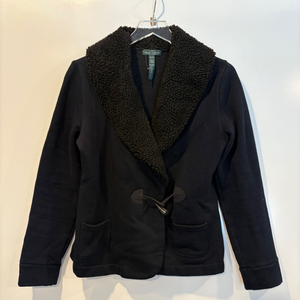 LRL Ralph Lauren Jeans Co Black Sherpa Collar Toggle Jacket Womens Size Medium